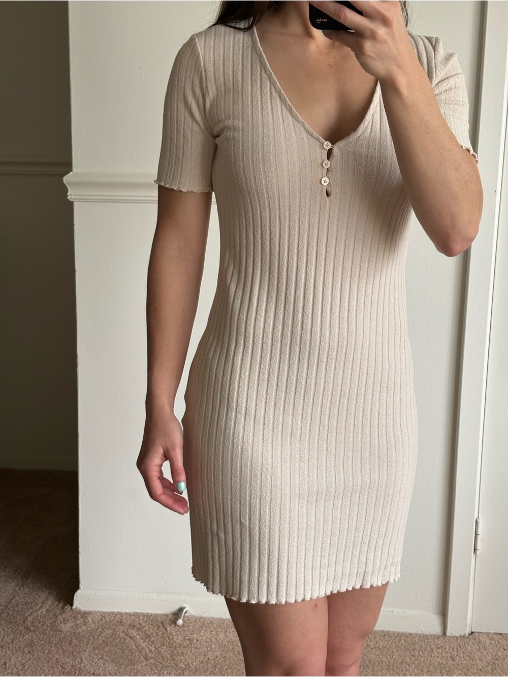 H&M Ribbed V-Neck Mini Dress — Light Beige